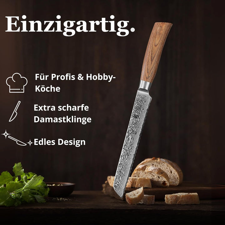 Wakoli EDIB Pro Brotmesser Wellenschliff aus echtem Damaststahl (VG10 Kern) 20 cm Klinge – Scharf &