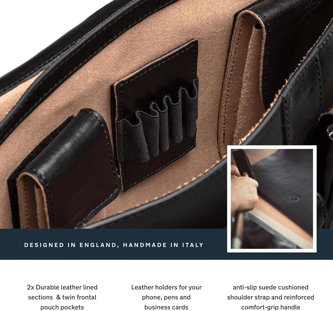 Maxwell Scott Italienische Herren Leder Aktentasche Tomacelli in Schwarz, Schwarz