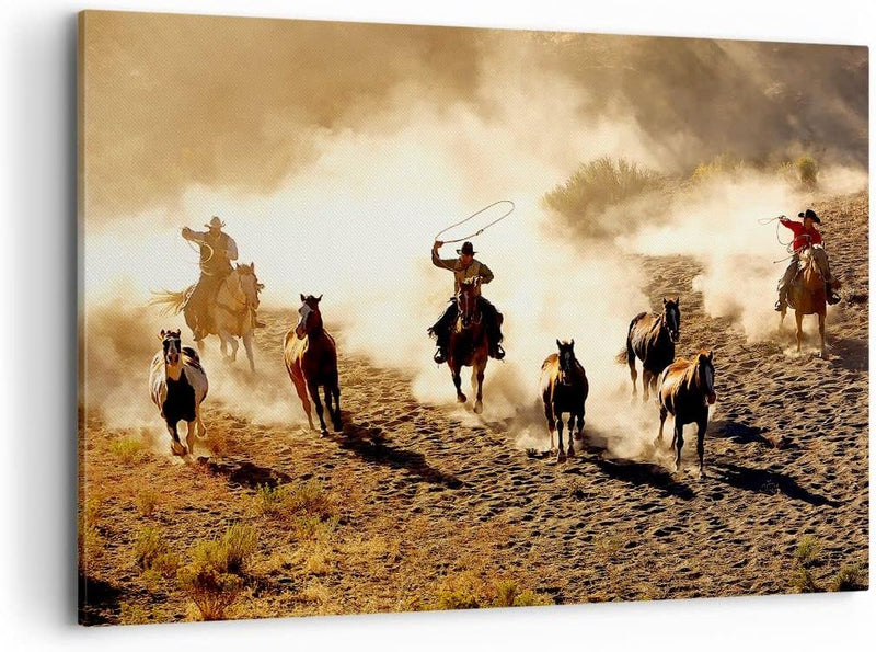 ARTTOR Bilder auf Leinwand 100x70cm Leinwandbild Cowboys Pferde Galopp Gross Wanddeko Bild Schlafzim