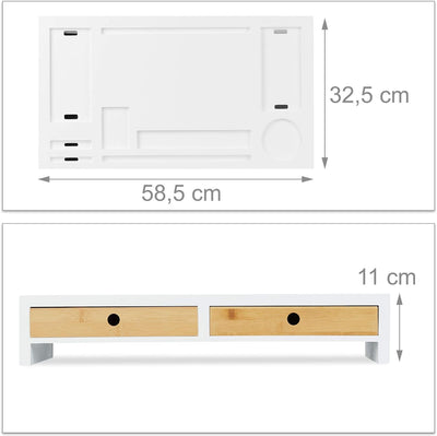 Relaxdays Monitorständer, XL Bildschirmerhöhung aus Bambus & MDF, 2 Schubladen, Organizer, HBT 11 x