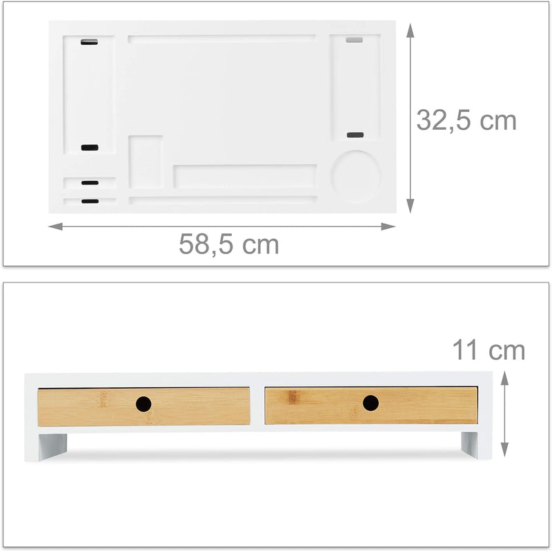 Relaxdays Monitorständer, XL Bildschirmerhöhung aus Bambus & MDF, 2 Schubladen, Organizer, HBT 11 x