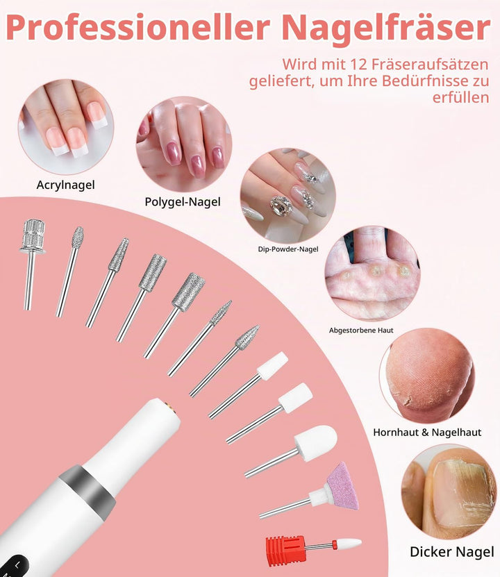 Elektrischer Nagelfräser, 3 Geschwindigkeiten Enstellbar, Kabellose Fräser Nägel, Tragbares Maniküre