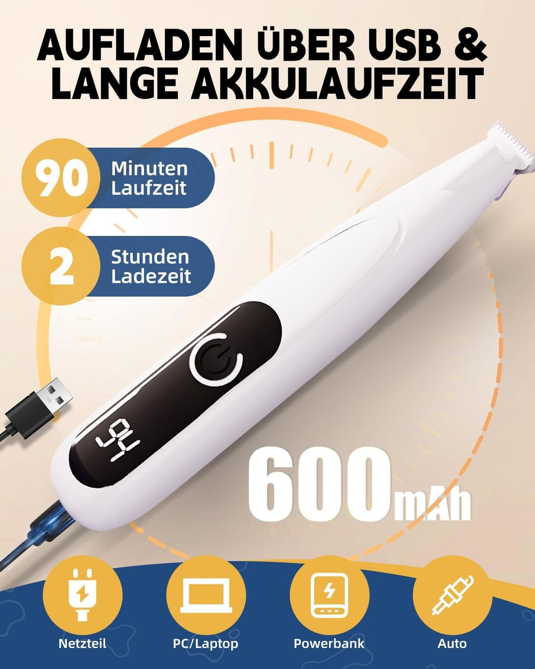 Pfotentrimmer für Hunde mit LED-Licht, Leise Hundepfoten Trimmer Paw Trim, 600mAh Type-C Wiederaufla