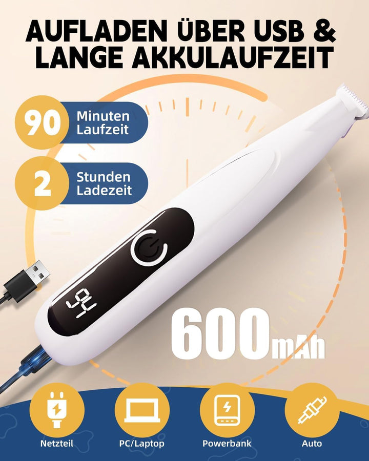 Pfotentrimmer für Hunde mit LED-Licht, Leise Hundepfoten Trimmer Paw Trim, 600mAh Type-C Wiederaufla