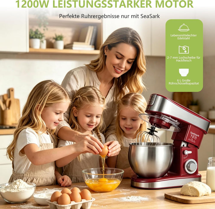 Küchenmaschine, 6 L Knetmaschine 1200W, 6 Geschwindigkeits Küchenmaschine, Teigmaschine mit Rührhake