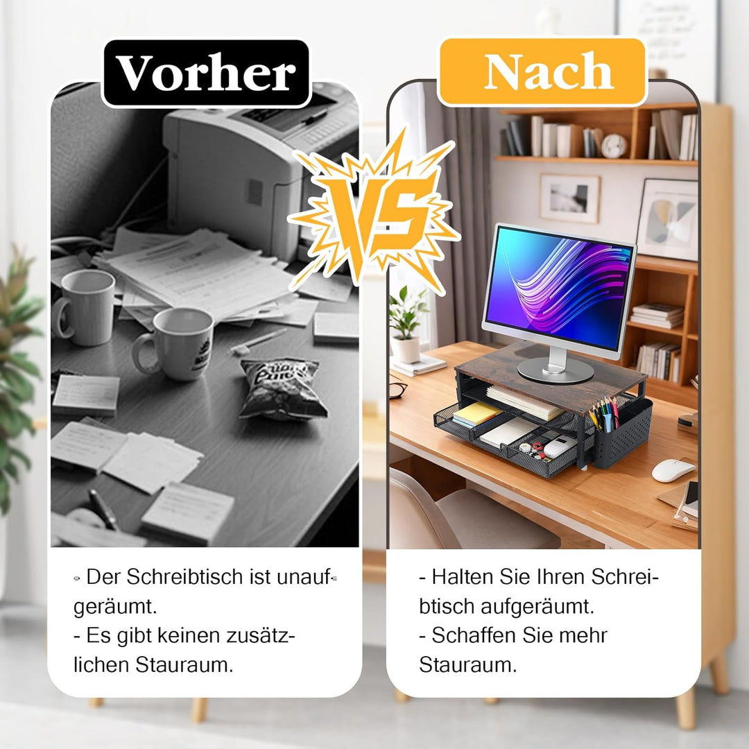 Monitorständer mit Schublade und 2 Stifthaltern, Schreibtisch-Organizer 40 × 25.5 × 15.5 cm Bildschi