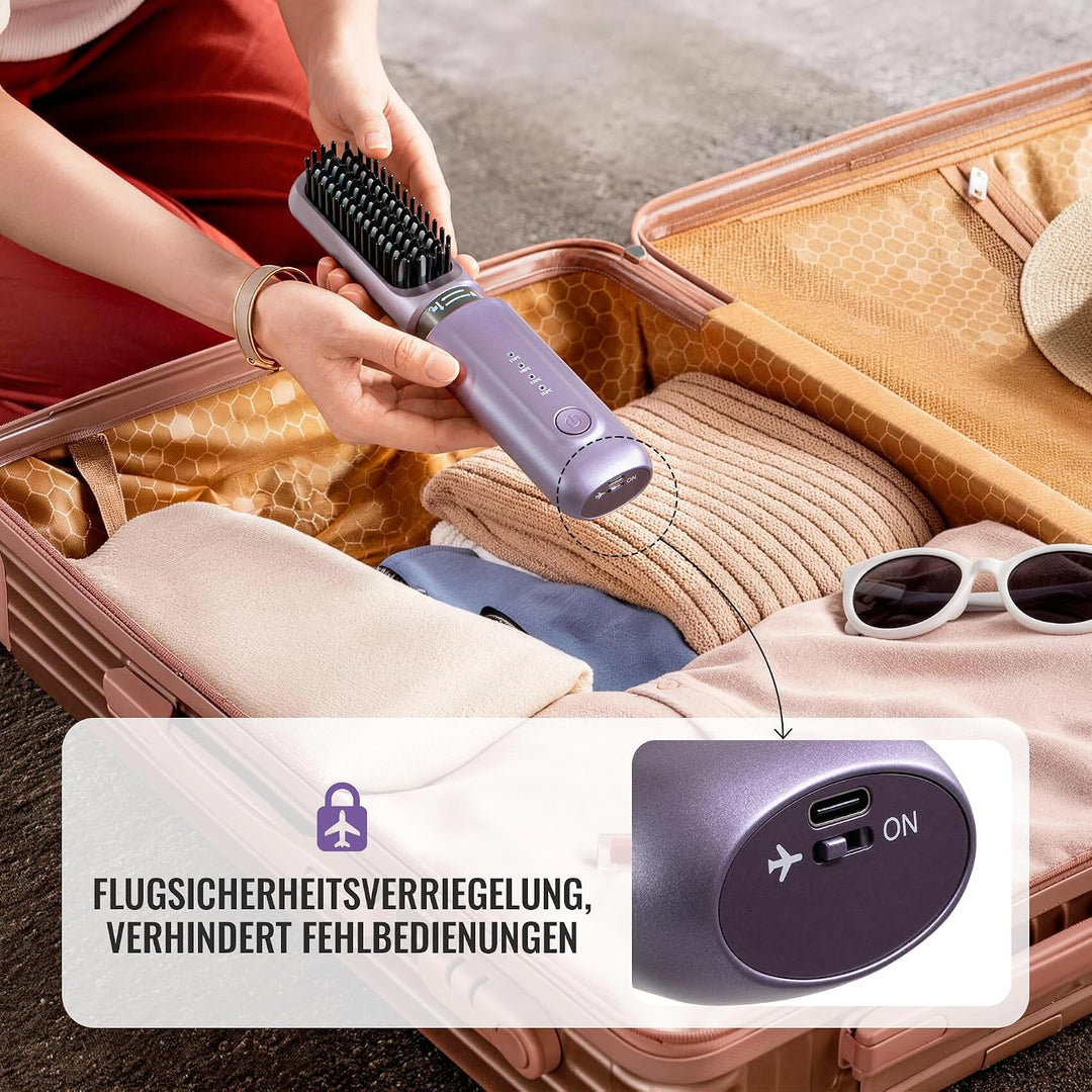 2-in-1 Kabellose Glättungsbürste Lockenstab, Akku Wärmebürste Haarglätter, wiederaufladbares Haarloc