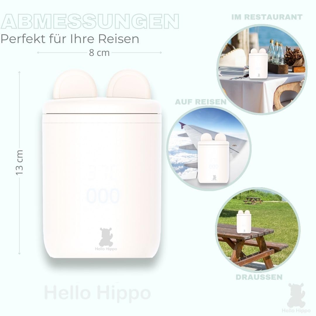 Hello Hippo - Kompakter und tragbarer Flaschenwärmer: USB-C wiederaufladbar, auslaufsicher, kompatib