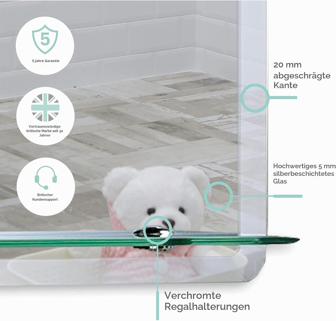 Schöner rechteckiger Badezimmerspiegel mit Ablage, modern und stylish, mit abgerundeten Kanten, Wand