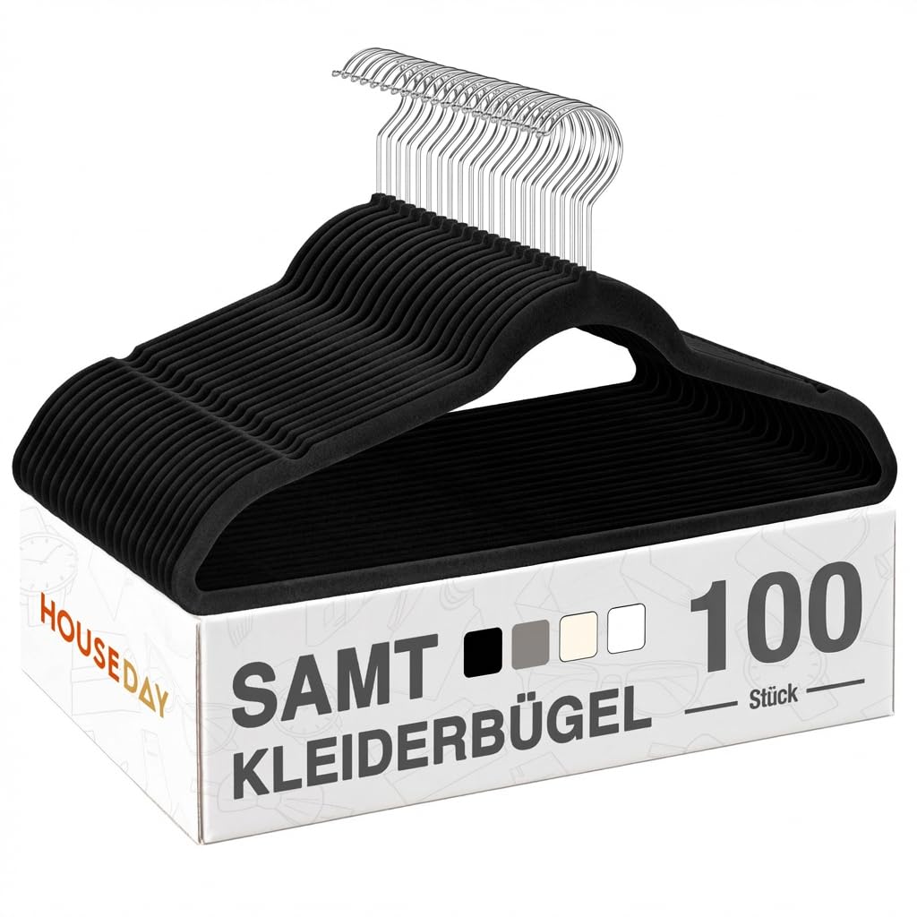 HOUSE DAY Kleiderbügel Samt 100er Set, Kleiderbügel Platzsparend, Bügel rutschfest und Samtbügel Sch