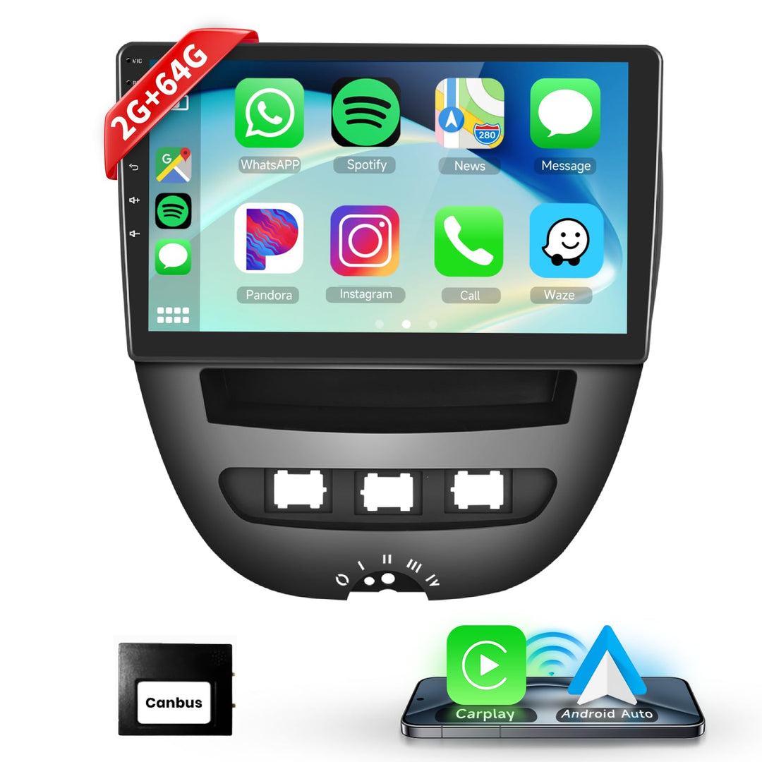 Podofo Drahtloses Carplay Autoradio für Peugeot 107/Citroen C1/Toyota Aygo, Android 2G+32G HiFi 10"