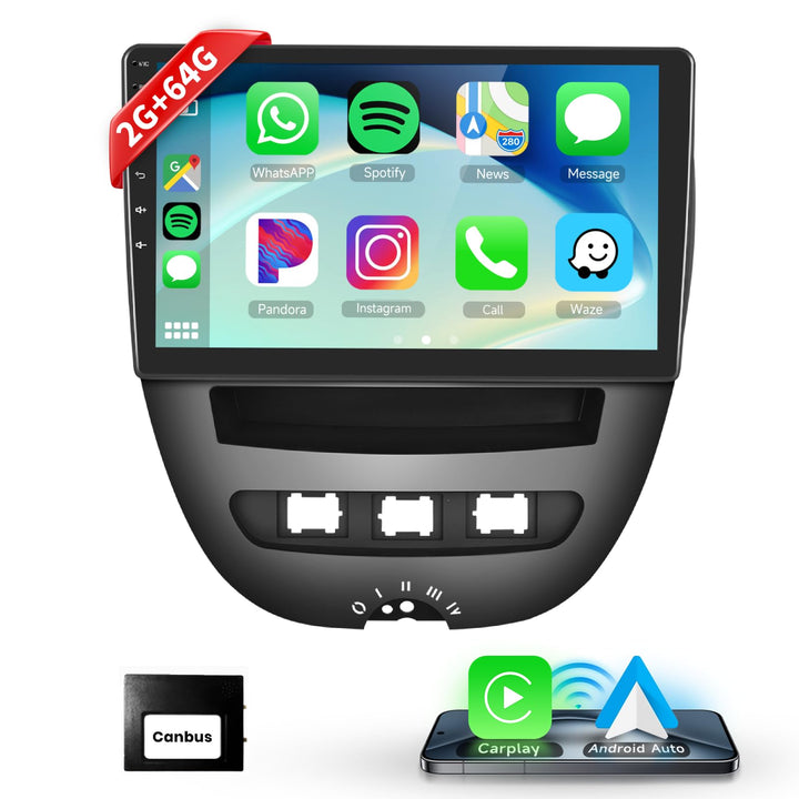 Podofo Drahtloses Carplay Autoradio für Peugeot 107/Citroen C1/Toyota Aygo, Android 2G+32G HiFi 10"