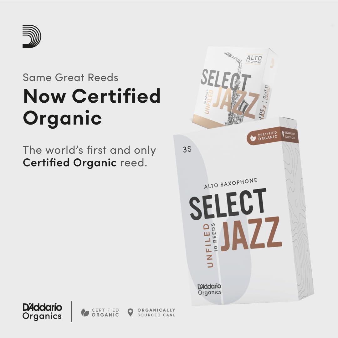 D'Addario Organisch Select Jazz Unfiled Alto Saxophon-Stimmzungen - Saxophonrohre - 3 Hart, 10 Packu