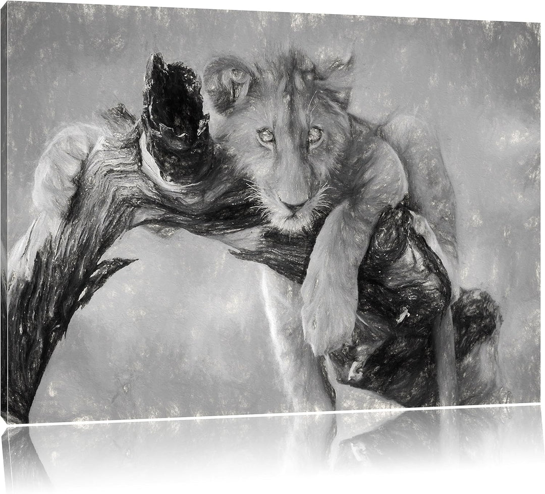 Pixxprint Junger Löwe in der Natur Kunst Kohle Effekt, Format: 100x70 auf Leinwand, XXL riesige Bild