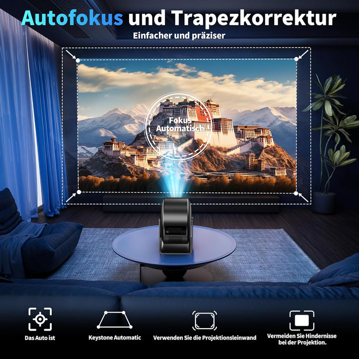 [Integrierte App] Mini Beamer Unterstützt 4K 1080P 2026, Projektor Auto Fokus und Trapezkorrektur, 3