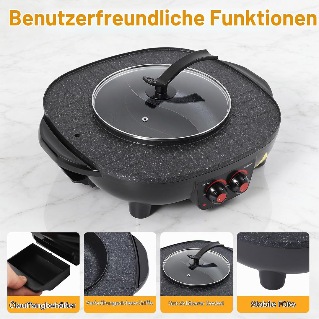 2-in-1-Grill-Hotpot, Multifunktionaler elektrischer Hotpot, Elektrischer Grill mit Grossem Fassungsv