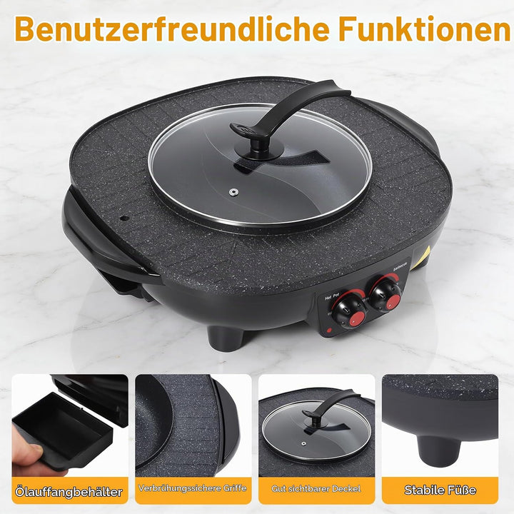 2-in-1-Grill-Hotpot, Multifunktionaler elektrischer Hotpot, Elektrischer Grill mit Grossem Fassungsv