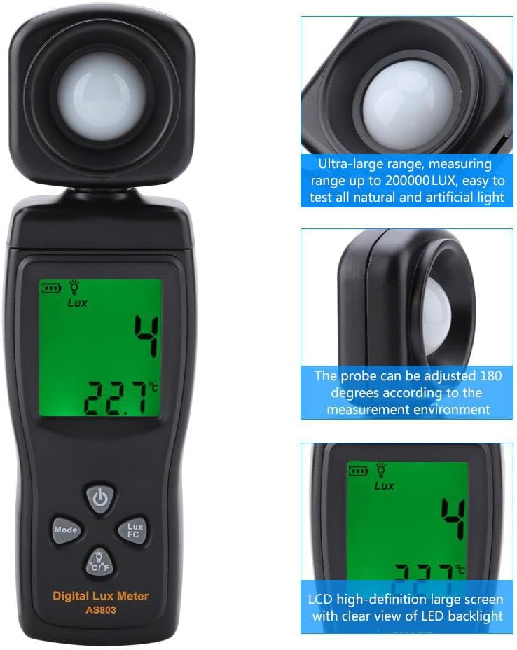 Fyearfly Digitales Luxmeter, 1-200.000 Lux As803 Beleuchtungstester Helligkeitsmessgerät Mit Ultragr