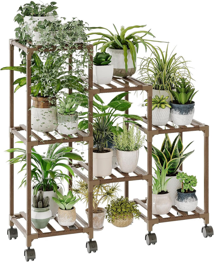 Bamworld Pflanzenständer für Zimmerpflanzen Holz Outdoor gestuftes Pflanzenregal 3 Reifen 7 Topfleit
