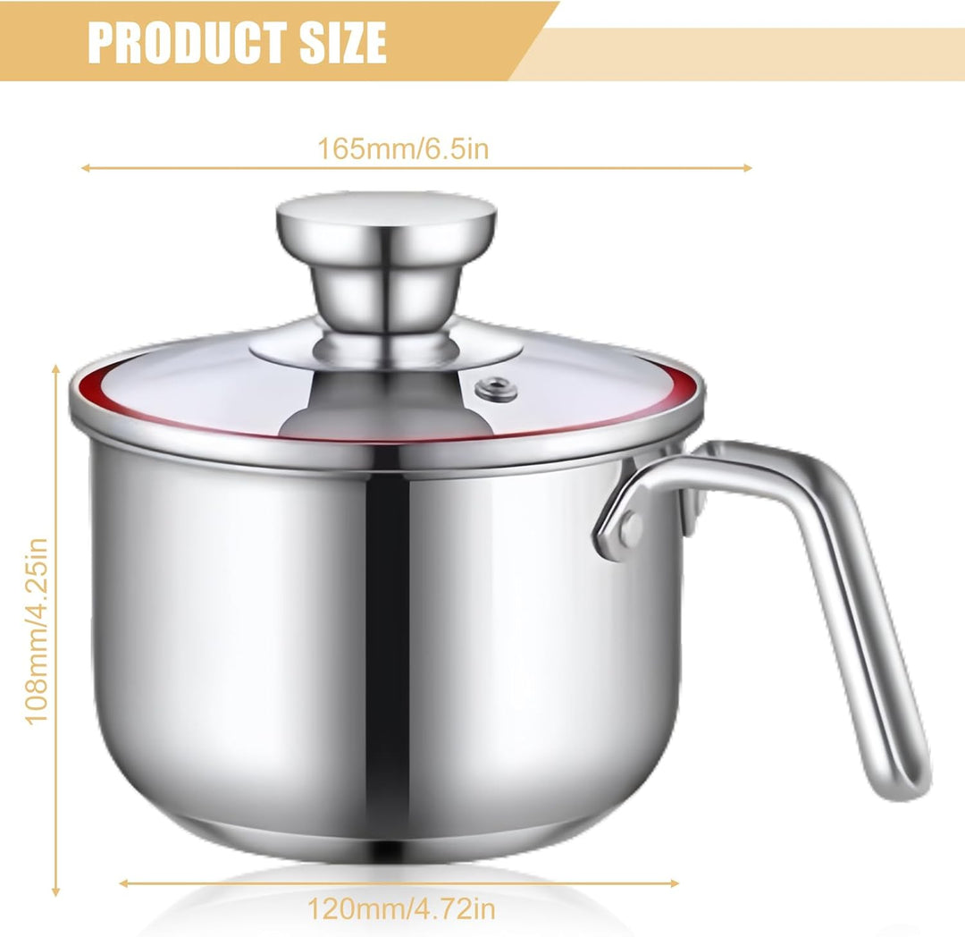 Kochtopf 1,75 L Edelstahl mit Glasdeckel, 16 cm Milchtopf Doppelwandig für Induktion, Simmertopf, Wa