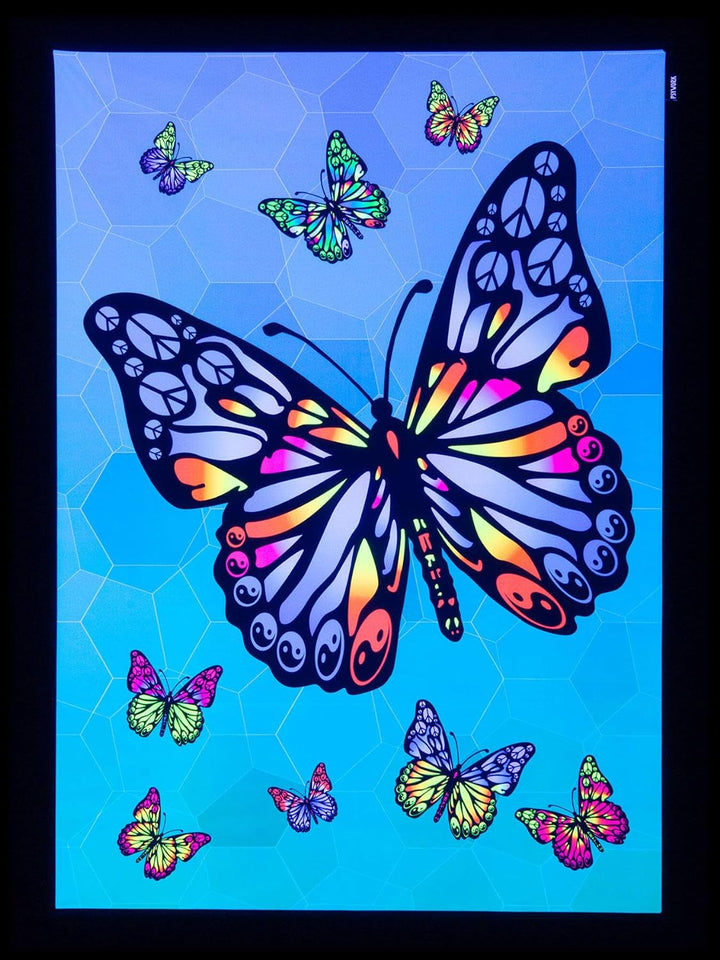 PSYWORK Schwarzlicht Stoffposter Neon | Peace Butterfly | 1,0 x 1,4m | UV-aktiv | fluoreszierend | W