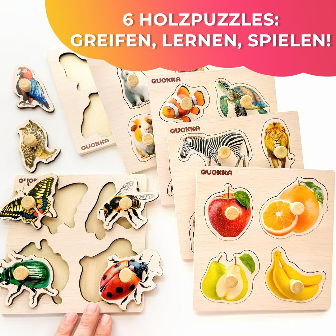 QUOKKA Steckpuzzle Holz ab 1 2 Jahre - 6 Set Spielzeug Puzzle ab 2 3 Jahre - Tiere Lernspiele für Ki