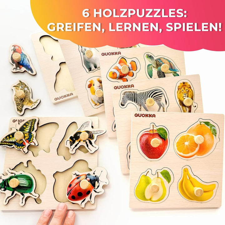 QUOKKA Steckpuzzle Holz ab 1 2 Jahre - 6 Set Spielzeug Puzzle ab 2 3 Jahre - Tiere Lernspiele für Ki
