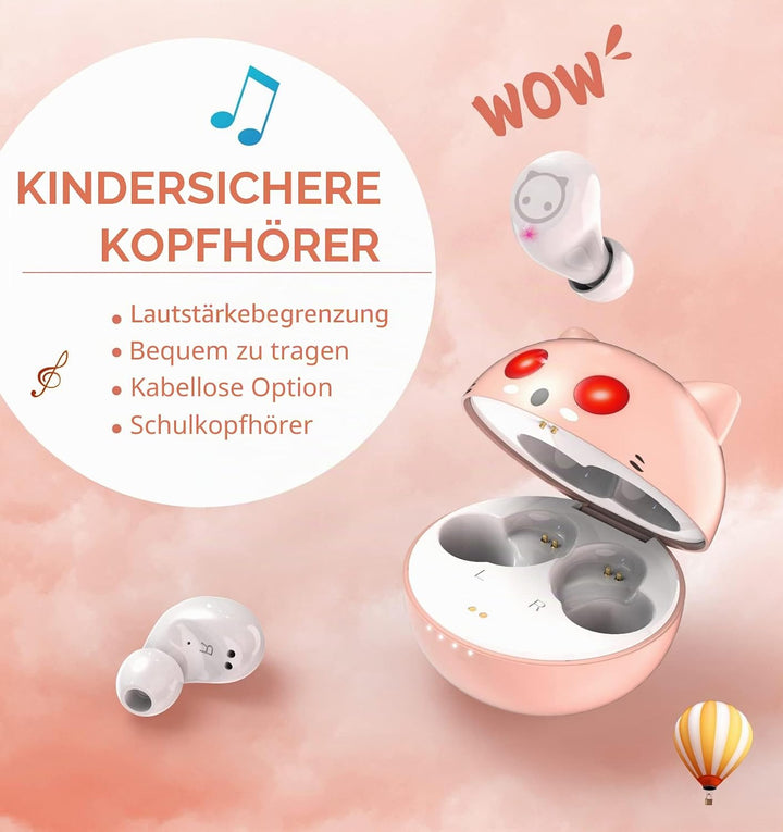 Togetface Pink Bluetooth Headphones In-Ear Wireless Headphones Earphones with Cute Cat Charging Case