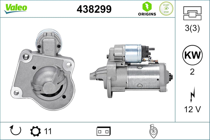 VALEO 438299 Starter Nennleistung: 2 kW Stop &amp; Start: YES Zähnezahl: 11 zähne Spannung: 12 V Drehric