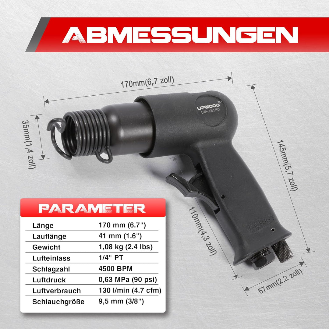 UPWOOD UW-AH150 Kurzrohr-Drucklufthammer-Kit mit Schnellwechselhalterung und 4 Meisseln, 1-5/8" Hub,