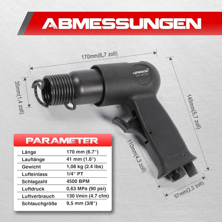 UPWOOD UW-AH150 Kurzrohr-Drucklufthammer-Kit mit Schnellwechselhalterung und 4 Meisseln, 1-5/8" Hub,