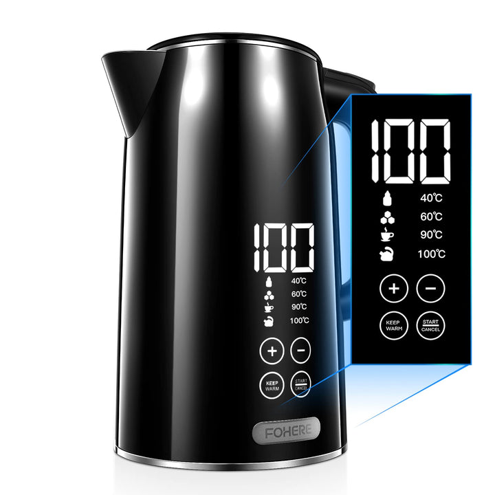 FOHERE Wasserkocher mit Temperatureinstellung, Edelstahl - 2200W, Schwarz - Doppelwandkonstruktion -