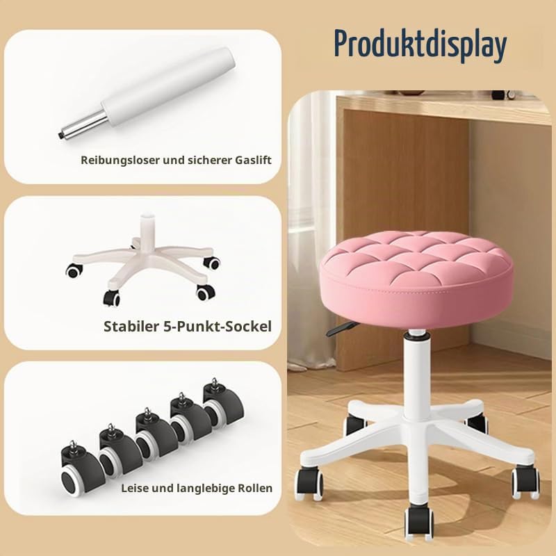 Kleiner Hocker – Runder Rollhocker mit Rädern – Höhenverstellbarer Drehschemel aus PU-Leder – Arbeit