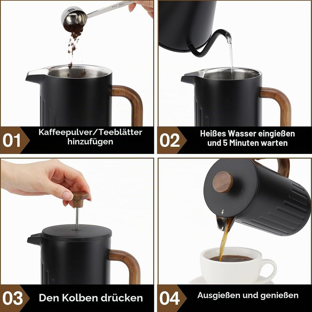 Rorence French Press 1L Edelstahl doppelwandig isoliert – Kaffeebereiter mit Holzgriff &amp; Edelstahl-F
