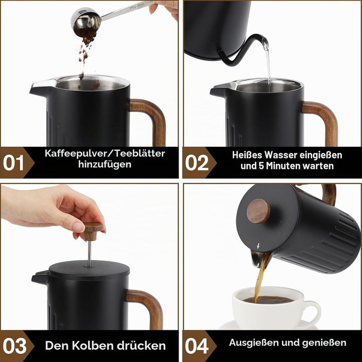 Rorence French Press 1L Edelstahl doppelwandig isoliert – Kaffeebereiter mit Holzgriff &amp; Edelstahl-F