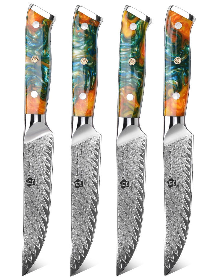 WILDMOK Steakmesser, 12,7 cm, nicht gezackte Steakmesser Set von 4, japanische Damaskus VG10 Stahl S