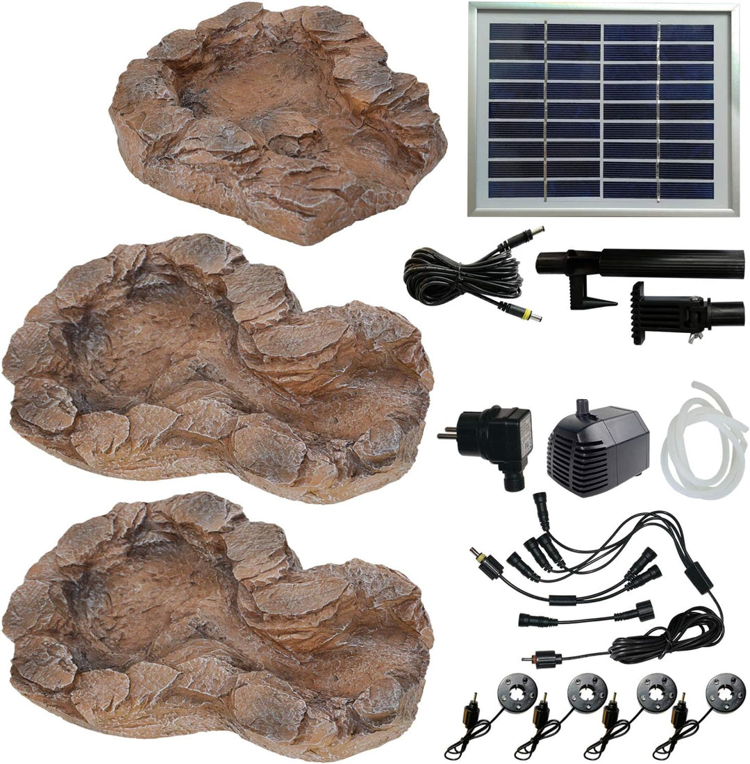 Amur Solar GARTENBRUNNEN Bachlauf QUELLBACH II mit LED-Licht/Hybrid-System, 230V ZIERBRUNNEN VOGELBA