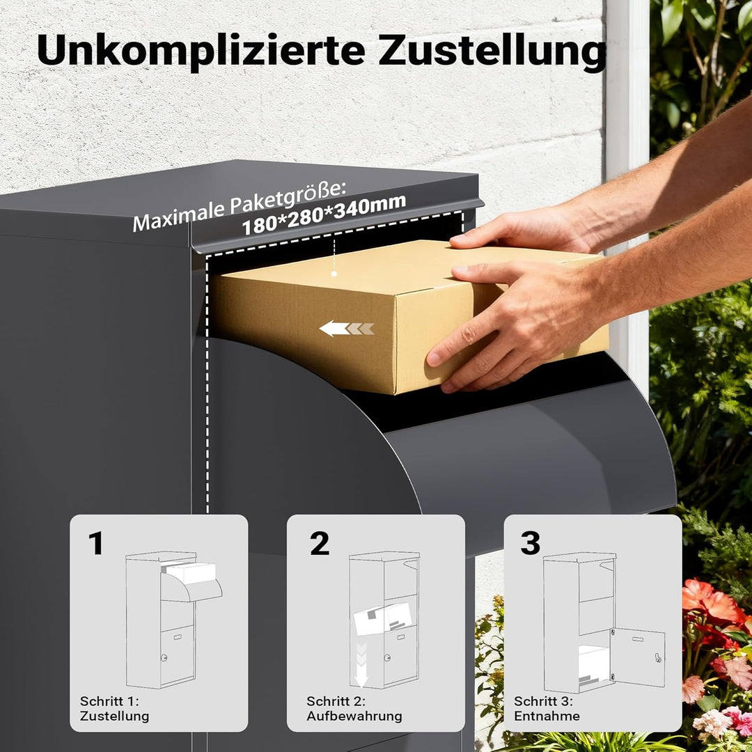 Wiltec Paketkasten grau 410 x 220 x 750 mm, Paketbox Zuhause, Private Paketannahme passend für Paket