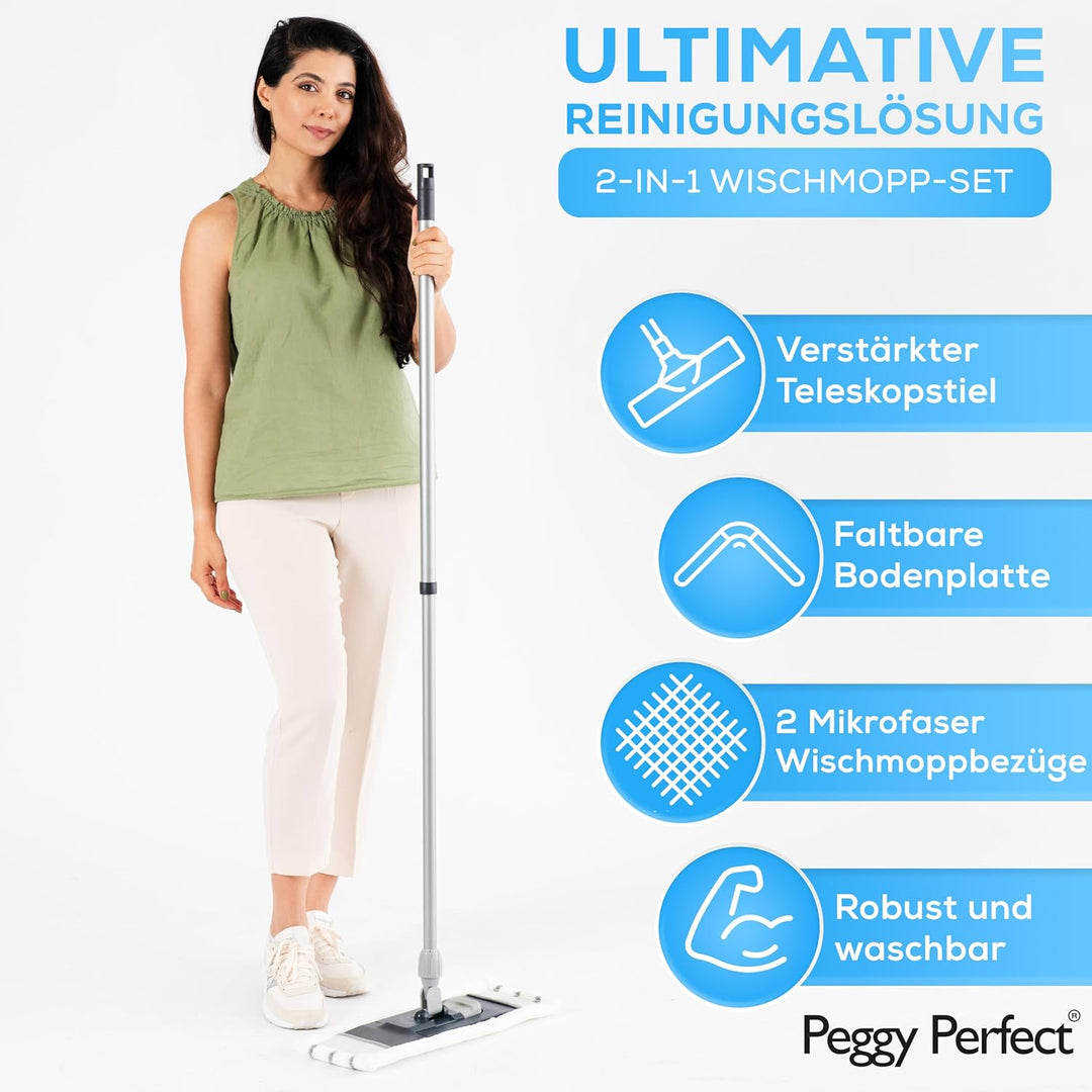 Peggy Perfect Wischmopp Bodenwischer mit verstärktem 131cm langem Teleskopstiel/inkl. 2 bei 60° wasc