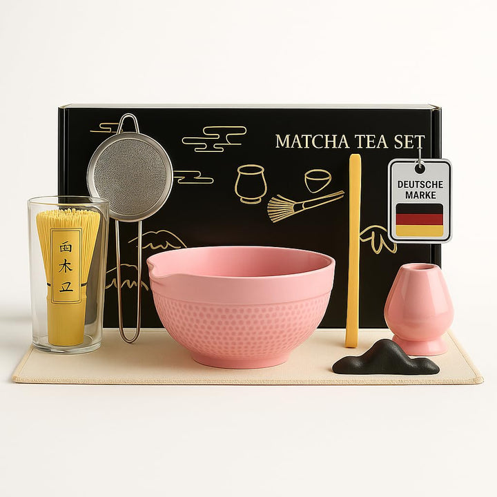 Matcha Set 7-teilig – Premium Tee Set mit Keramik Matcha Schale, Bambus Schneebesen (Chasen), Sieb &