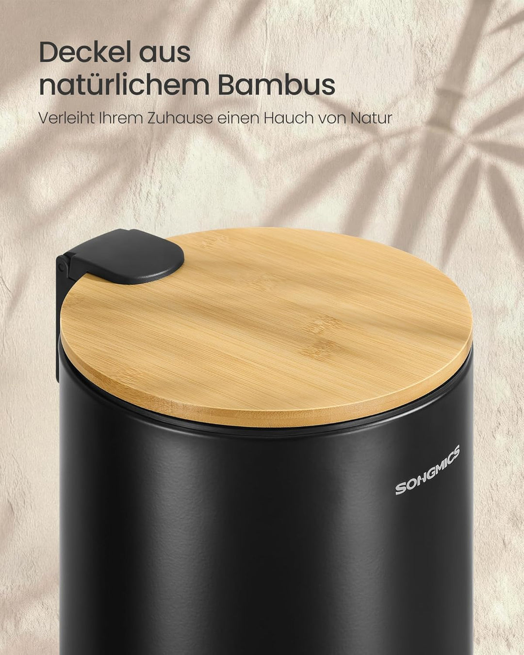 SONGMICS Kosmetikeimer, Mülleimer Bad, mit Deckel aus Bambus, Tretmülleimer mit Metallpedal, Innenei