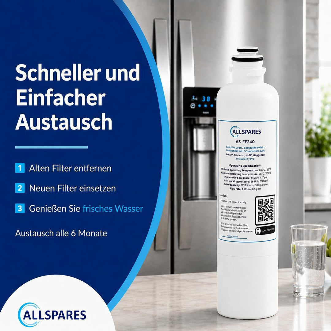 AllSpares Wasserfilter für Kühlschrank Ultra Clarity Pro geeignet für Bosch Siemens Neff 11032518 /