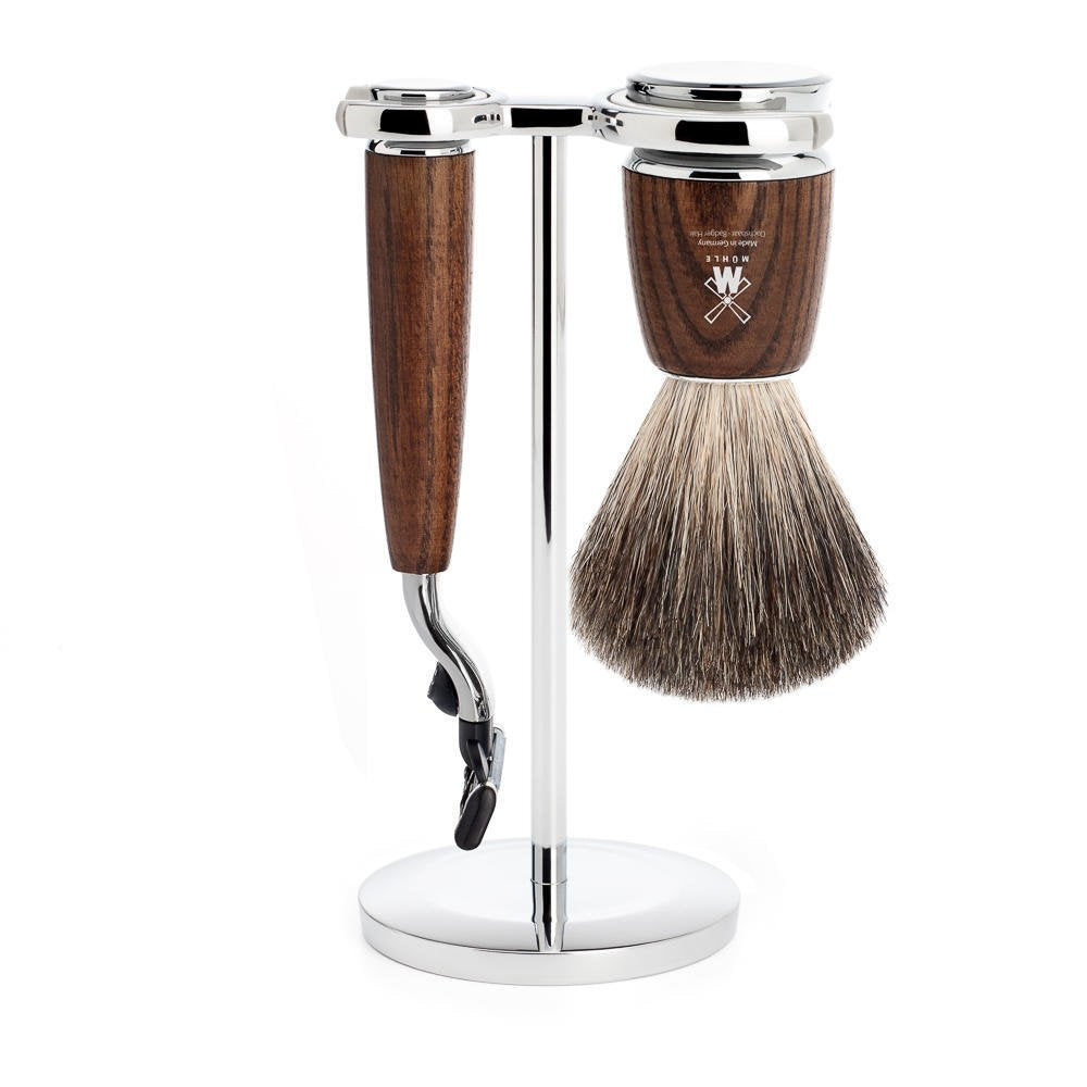 MÜHLE Rasierset - Rytmo Serie - Reines Dachshaar - kompatibel Gillette-Klingen - Eschenholz dunkel