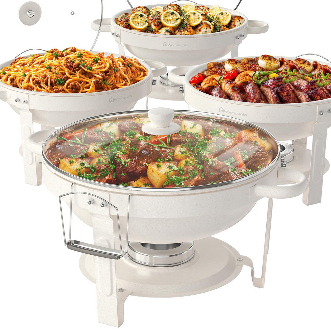 WARMOUNTS Chafing Dish Buffet 5L 4er Set Weisse, Maifan Stein Beschichtung Rund Speisenwärmer für Ca