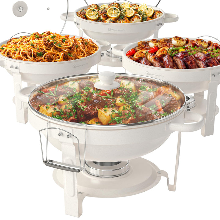 WARMOUNTS Chafing Dish Buffet 5L 4er Set Weisse, Maifan Stein Beschichtung Rund Speisenwärmer für Ca