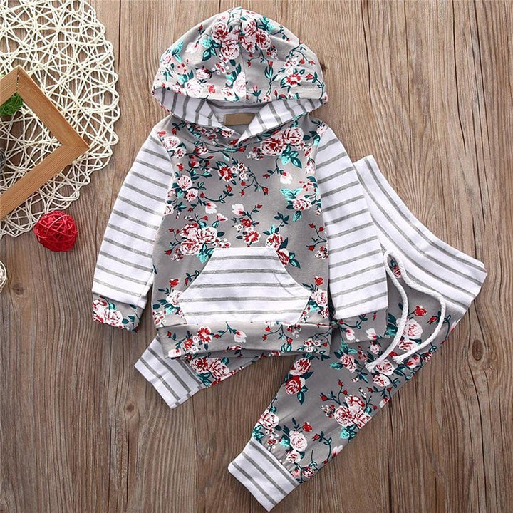 EDOTON Baby Mädchen Outfit 2 Stücke Set Gestreifte Blumen Hoodies mit Tasche Top + Lange Hosen Sweat