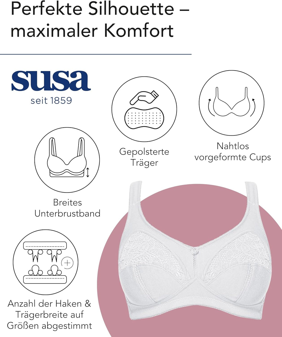 Susa Damen Entlastungs Topsy Plus Bügelloser BH 90D Weiss (Weiss 003), 90D Weiss (Weiss 003)