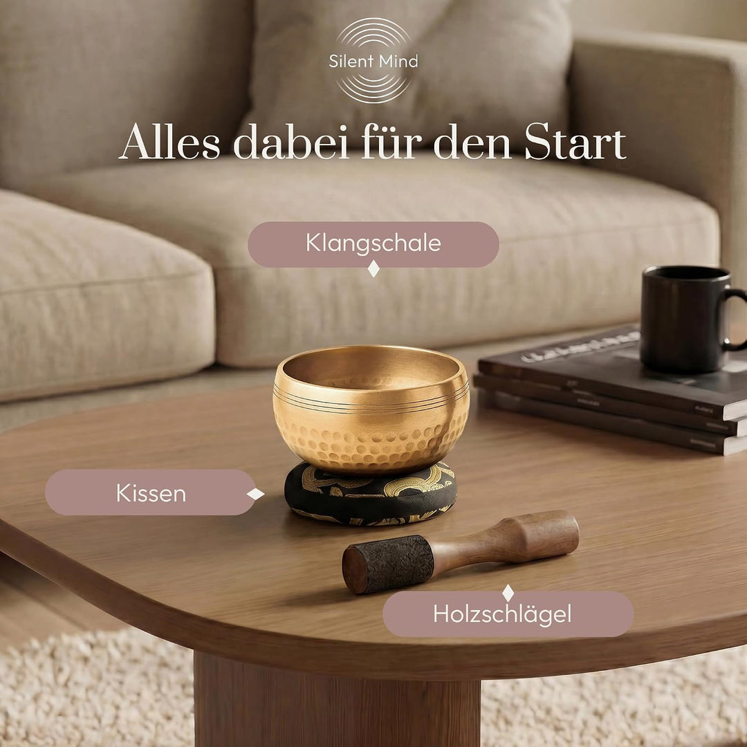 Silent Mind Klangschale Ø9cm Bronze – Handgefertigtes Komplett-Set mit Kissen und Klöppel, für Anfän