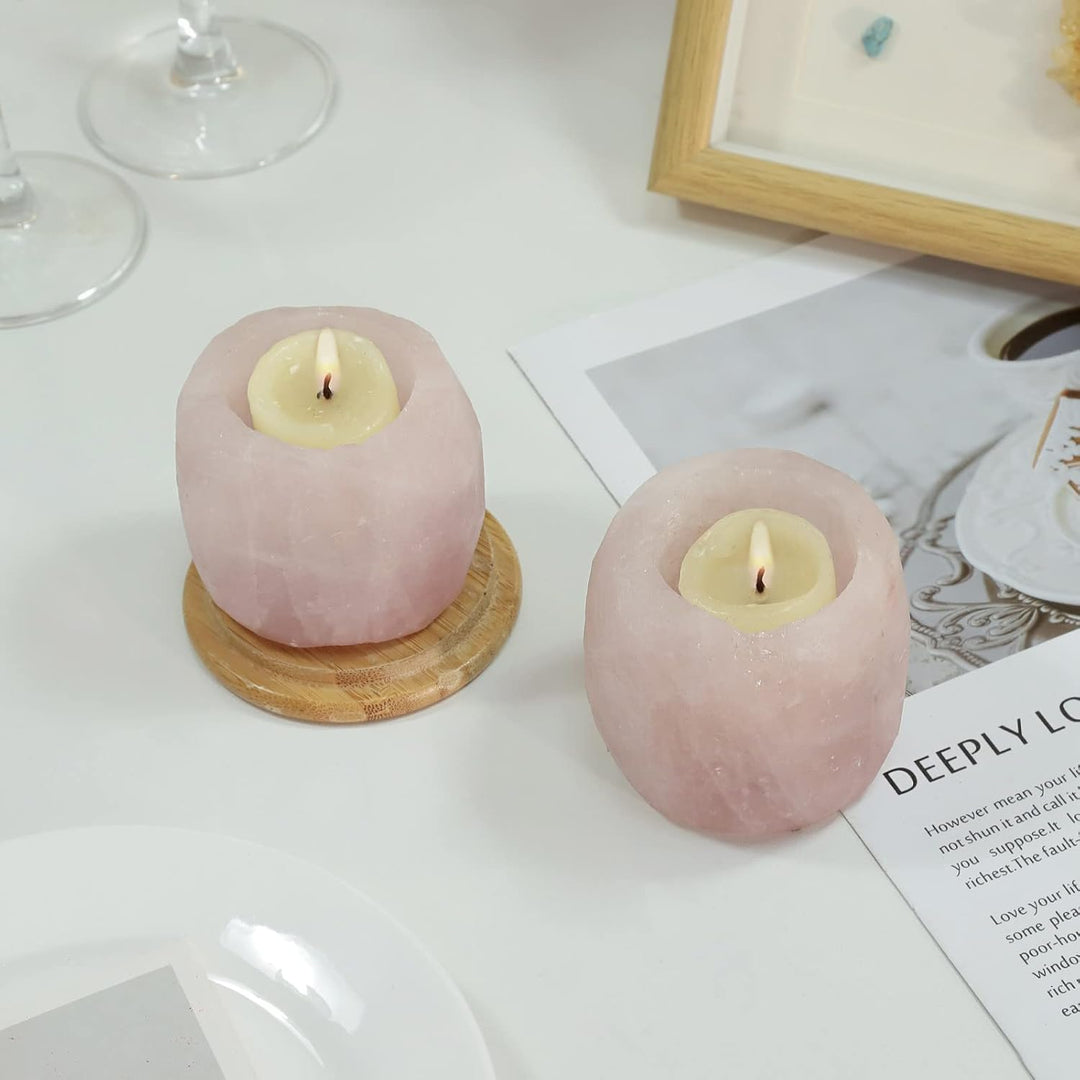 KYEYGWO Rosenquarz Natürlicher Oval Kristall Kerzenhalter Ornament, Heilung Stein Kerzenständer Poli
