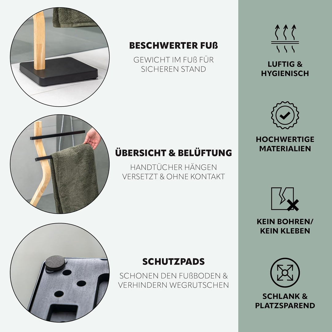 eluno Stand-Handtuchhalter freistehend, 2 Stangen für Handtücher, moderner Handtuchständer aus FSC-z
